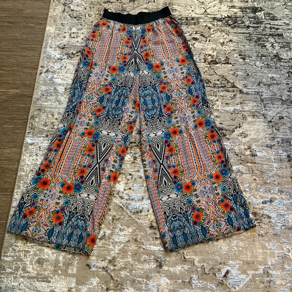 Bebe Blue and Orange Wide Leg Pants with Vibrant Pattern